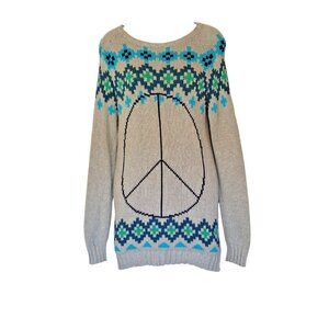 Old Navy Sweater Tunic Girls XL Grey Peace Sign Round Neck Pull Over Ribbed Hem